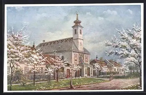 Künstler-AK Maria Ellend a. d. Donau, Kirche zur Zeit der Baumblüte