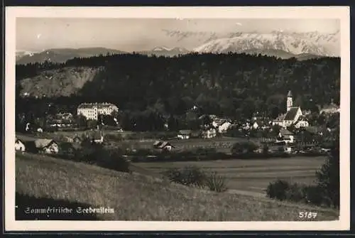 AK Seebenstein, Ortsansicht, in der Ferne schneebedckte Berge