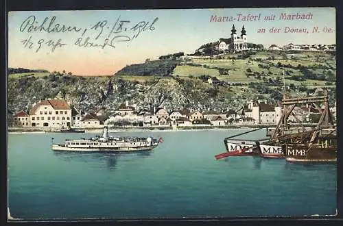 AK Marbach an der Donau, Ortsansicht mit Maria-Taferl, Dampfer