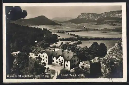 AK Winzendorf a. d. Schneebergbahn, Hotel Teichmühle, Blick ins Land