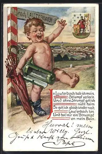 Künstler-AK Lauterbach / Hessen, Wappen mit Spruch, Junge mit Regenschirm und Tasche