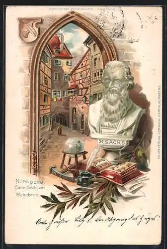 Passepartout-Lithographie Nürnberg, Strassenpartie an Hans Sachsens Wohnhaus