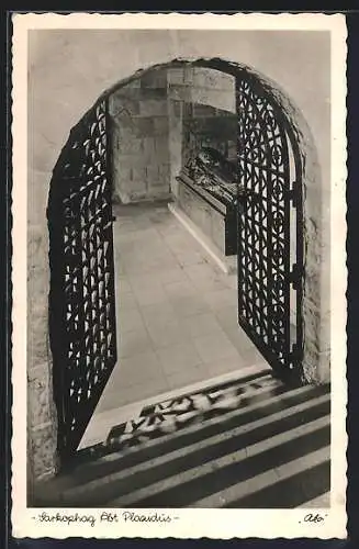 AK Münsterschwarzach, Haupteingang zum Sarkophag vom Abt Plazidus Vogel in der Abteikirche