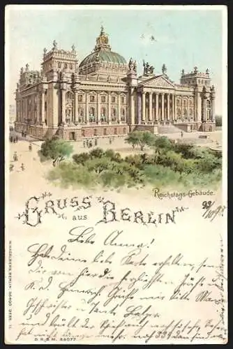 Lithographie Berlin-Tiergarten, Reichstags-Gebäude, beleuchtete Fenster