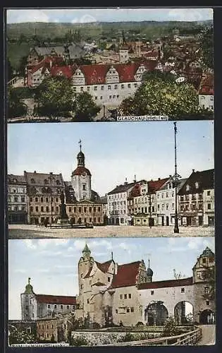 AK Glauchau, Schloss Hinterglauchau, Marktplatz mit Geschäften, Panorama