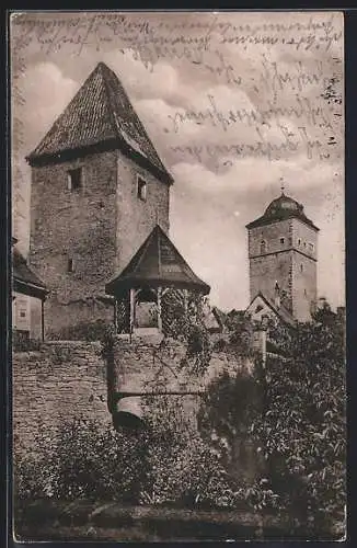 AK Ochsenfurt / Main, Alte Stadtmauer mit Pulverturm und oberem Torturm