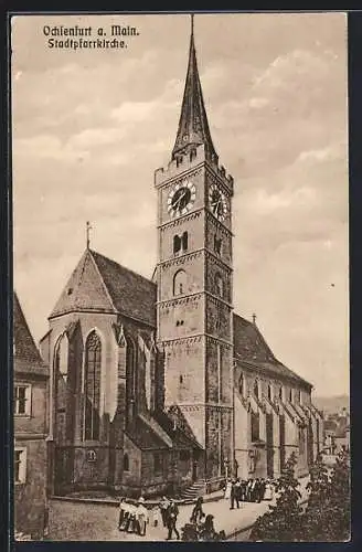 AK Ochsenfurt / Main, Passanten vor der Stadtpfarrkirche