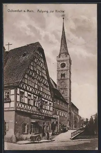 AK Ochsenfurt a. M., Ortspartie mit Bäckerei und Kirche