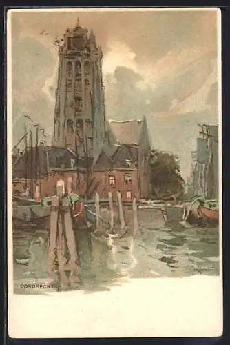 Künstler-AK Henri Cassiers: Dordrecht, Nächtlicher Blick auf die Kirche