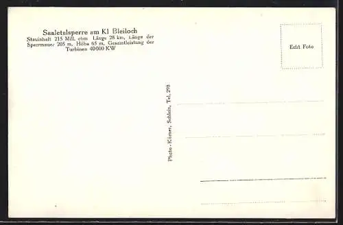 AK Saaletalsperre am Kl. Bleiloch, Ansiccht mit Krafthaus, Staubecken & Sperrmauer