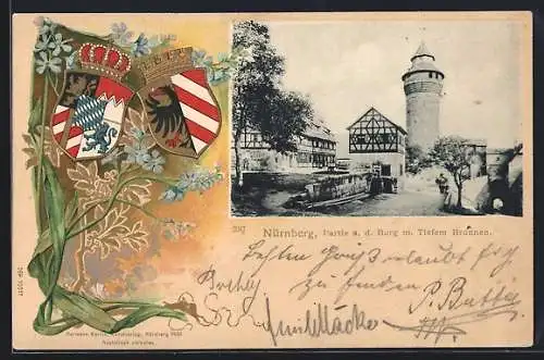 Passepartout-Lithographie Nürnberg, Partie a.d. Burg mit Tiefem Brunnen, Wappen