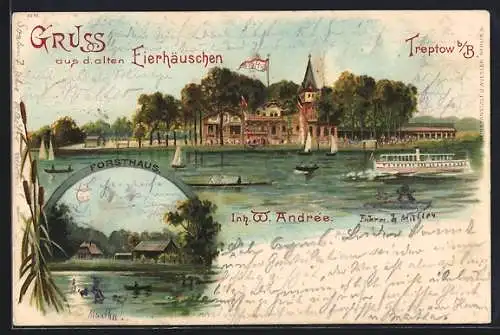 Lithographie Berlin-Treptow, Altes Eierhäuschen mit Dampfer und Schiffen, Forsthaus im Mondenschein