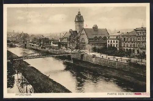 AK Pforzheim, Partie beim Stadtpark mit Brücke