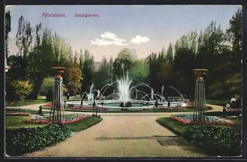 AK Pforzheim, Springbrunnen im Stadtgarten