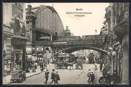 AK Berlin, Partie am Bahnhof Friedrichstrasse, Pferdekutsche, Eisenbahn