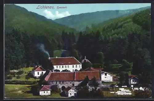 AK Lichtenau / Spessart, Hotel Hochspessart mit Bergen im Hintergrund