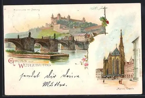 Lithographie Würzburg, Marienkirche und Mainbrücke mit Festung