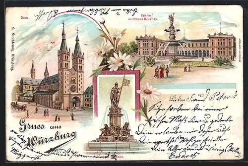 Lithographie Würzburg, Dom, Bahnhof mit Kiliansbrunnen, Luitpold Brunnen