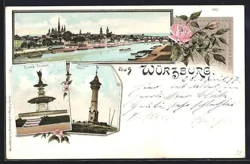 Lithographie Würzburg, Kilians-Brunnen, Franken-Warte, Panorama