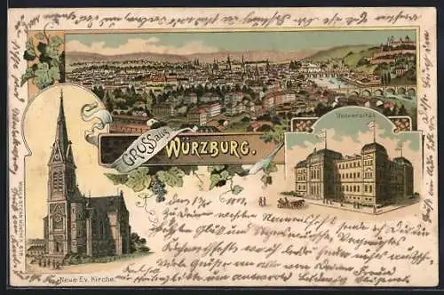 Lithographie Würzburg, Universität, Ev. Kirche, Ortsansicht