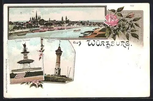 Lithographie Würzburg, Kilians-Brunnen, Franken-Warte, Panorama