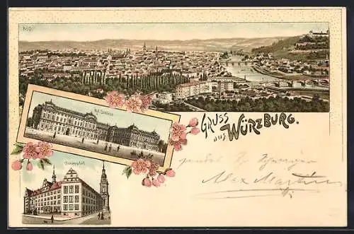 Lithographie Würzburg, Königliches Schloss, Universität und Panorama-Ansicht