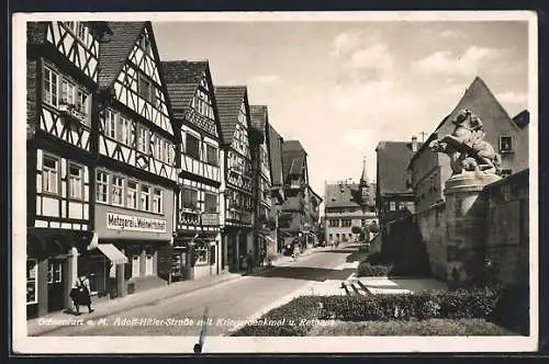 AK Ochsenfurt / Main, Metzgerei und Weinwirtschaft, Strasse mit Kriegerdenkmal und Rathaus