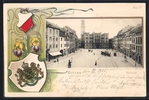 Passepartout-Lithographie Zittau, Rathaus, Strassenpartie, Wappen