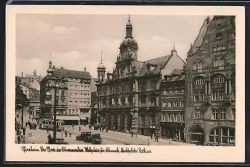 AK Pforzheim, Weltplatz für Schmuck, Marktplatz und Rathaus