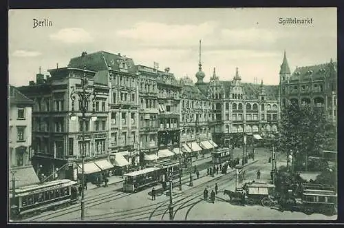 AK Berlin, Geschäfte und Strassenbahnen am Spittelmarkt