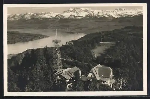 AK Uetliberg, Gross-Restaurant Uto-Kulm mit Blick auf Zürichsee und Glarneralpen