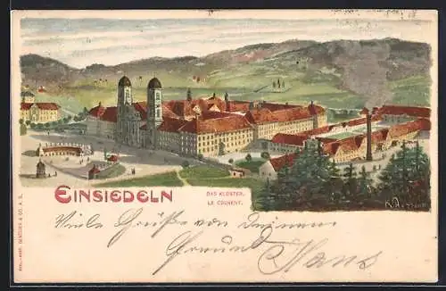 Künstler-AK Einsiedeln, Das Kloster aus der Vogelschau