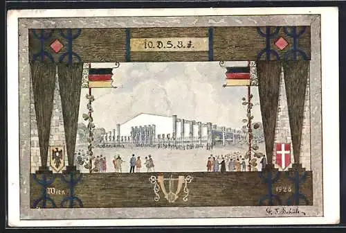 Künstler-AK Wien, 10. Dt. Sängerbundesfest 1928, Sängerhalle, Fahnen