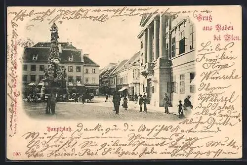 AK Baden, Hauptplatz mit Denkmal und Passanten