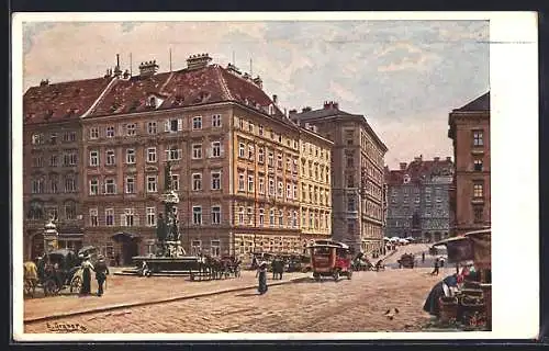 Künstler-AK Wien, Freiung mit Brunnen von Schnwanthaler, Pferdekutsche