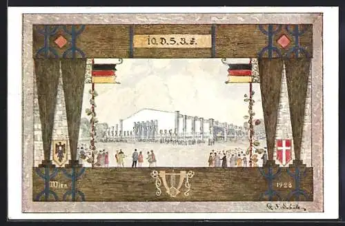 Künstler-AK Wien, 10. Dt. Sängerbundesfest 1928, Sängerhalle, Fahnen