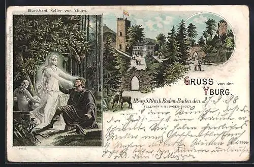 Lithographie Yburg, Burkhard Keller von Yburg mit Statuen, Burgansicht