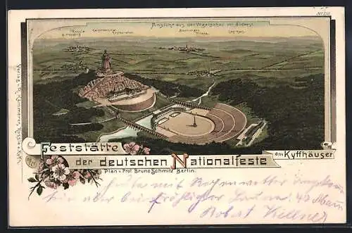 Lithographie Kyffhäuser, Feststätte der deutschen Nationalfeste aus der Vogelschau von Südwest, Restaurant & Logierhaus