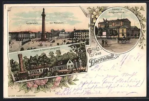 Lithographie Darmstadt, Theater und Kriegerdenkmal, Louisenplatz mit Monument, Pension Ludwigshöhe