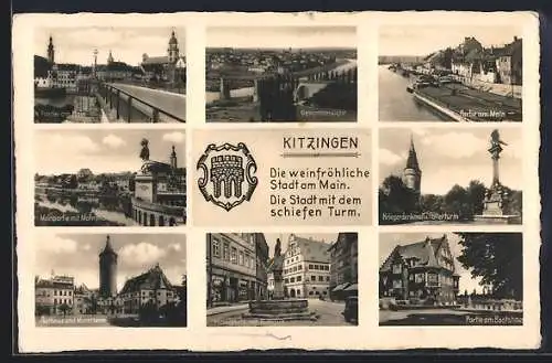 AK Kitzingen, Partie am Main, Gesamtansicht, Marktplatz mit Rathaus