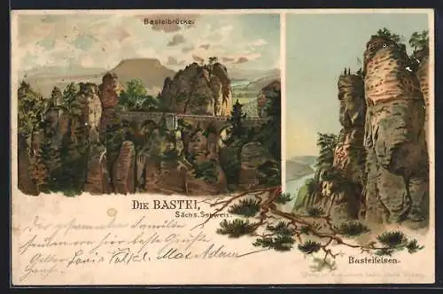 Lithographie Bastei, Ansichten von Bastei-Brücke und Bastei-Felsen