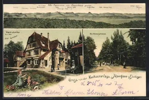 AK Esslingen / Neckar, Kurhaus Jägerhaus Waldschenke zu den drei Linden, Römerstrasse, Panorama mit Teck u. Lichtenstein