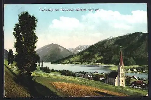 AK Techendorf am Weissensee, Blick über Ort und See