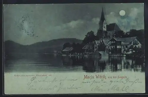 Mondschein-AK Maria Wörth, Ortsansicht von der Seeseite