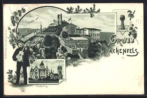 Lithographie Königswinter, Restaurant Drachenfels, Drachenburg