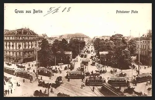 AK Berlin-Tiergarten, Blick über den Potsdamer Platz, Strassenbahn, Litfasssäule