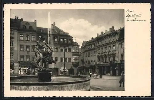 AK Gera, Marktplatz mit Simsonbrunnen und Geschäften