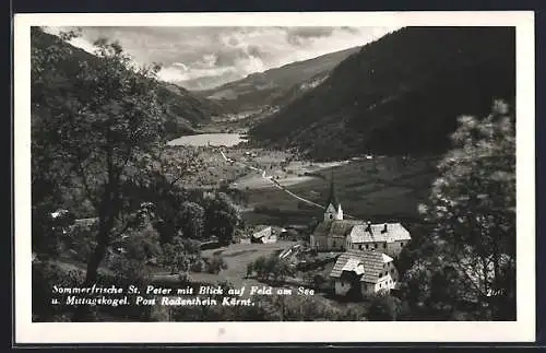 AK Radenthein, Pfarrkirche St. Peter ob Radenthein mit Blick auf Feld am See & Mittagskogel