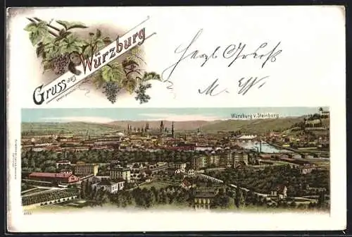 Lithographie Würzburg, Totalansicht vom Steinberg aus