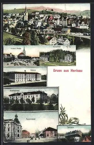 AK Herisau, Ortsansicht, Kirche und Markt, Poststrasse, Tonhalle